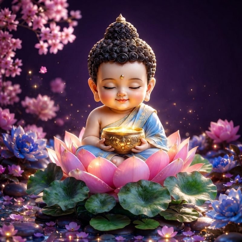 Serene child figure seated on a lotus, holding a glowing bowl