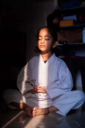 Child meditating with eyes closed, full figure