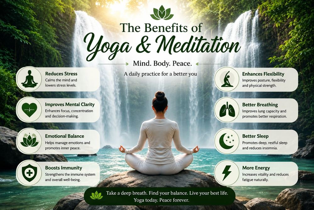 Yoga and meditation by a waterfall